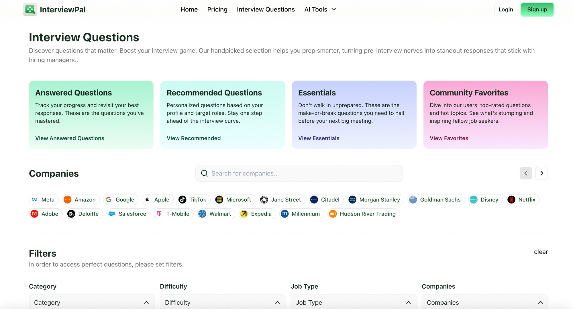 An overview of the Interview Questions page on the InterviewPal platform.