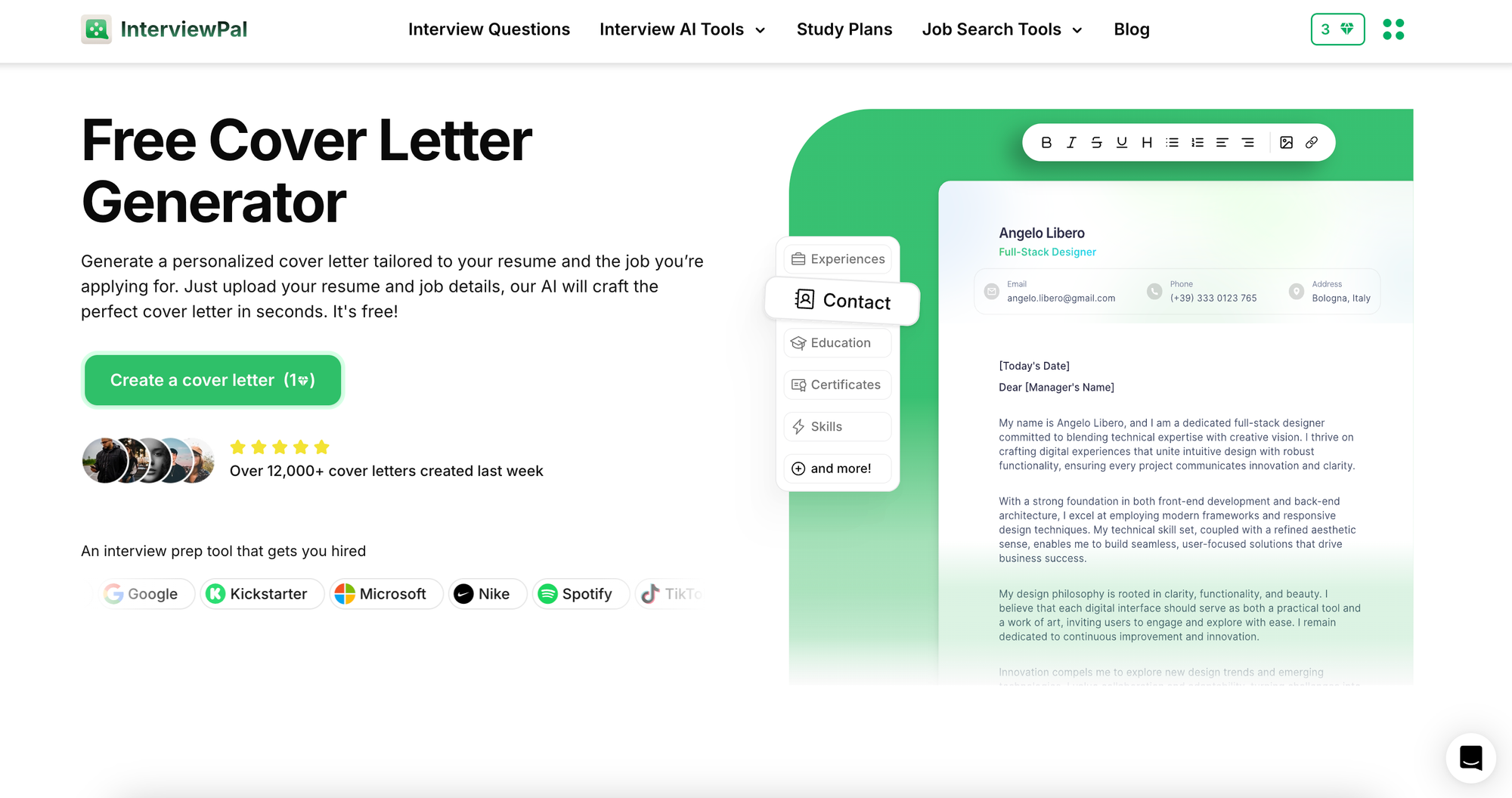 Screenshot of InterviewPal's free AI cover letter generator interface